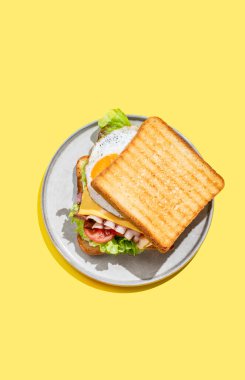 Yumurtalı, pastırmalı, peynirli, domatesli, kıvırcık salatalı ve soslu bir klüp sandviçi. Reklam menüsü ya da afiş kafe için sağlıklı ve besleyici tost kahvaltısı konsepti. Üst görünüm, alanı kopyala.