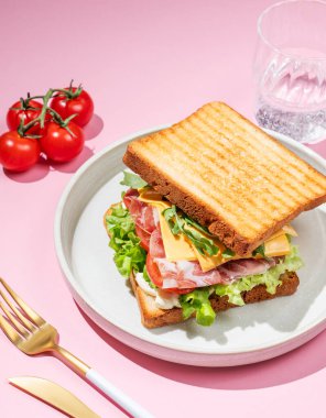 Pastırmalı, peynirli, domatesli, marullu, roka soslu ve pembe arka planda bir tabakta bir tost ekmeği, bir bardak suyla. Menü kafenin reklam afişi için sağlıklı ve besleyici kahvaltı kavramı.