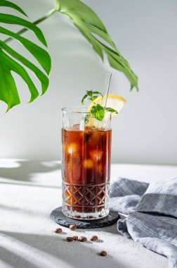 Kahve çekirdekleri, canavarımsı çiçek yaprakları ve sabah gölgesi olan hafif arka planda limon ve buzlu soğuk demlenmiş kahve toniği. Reklam menüsü kafe için yaz ferahlatıcı moda içecek konsepti. Ön görünüm, boşluğu kopyala.