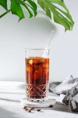 Kahve çekirdekleri, canavarımsı çiçek yaprağı ve sabah gölgesi olan hafif arka planda buzlu soğuk demlenmiş kahve toniği. Reklam menüsü kafe için yaz ferahlatıcı moda içecek konsepti. Ön görünüm, boşluğu kopyala.