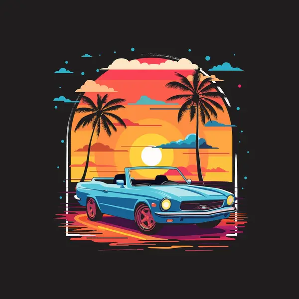Gün batımındaki mavi arabanın görüntüsü. Tişört, logo, çıkartma ve diğerleri için mükemmel. Yaz mevsiminde kullanılabilir. Otomotiv vektör illüstrasyon sanatı.