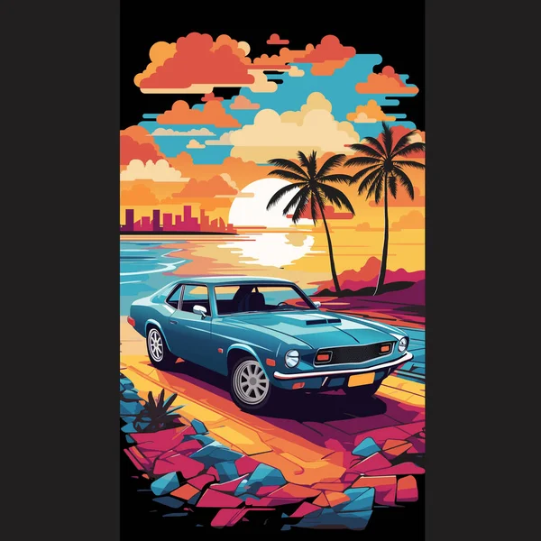 Gün batımındaki mavi arabanın görüntüsü. Tişört tasarımları, logo, çıkartma ve diğerleri için mükemmel. Yaz mevsiminde kullanılabilir. Otomotiv vektör illüstrasyon sanatı