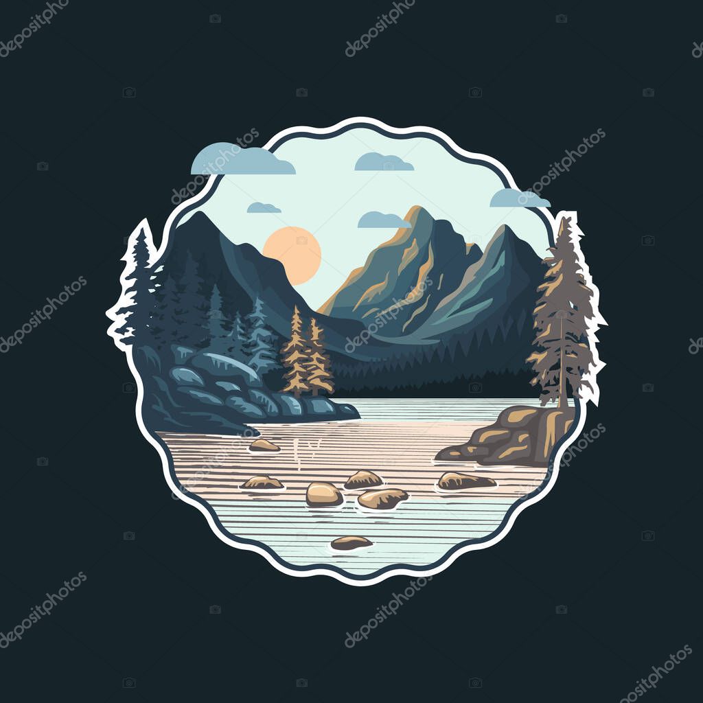 Mountain Forest River Retro Sunset Circle eps File Types Commercial Use Outdoor Adventure