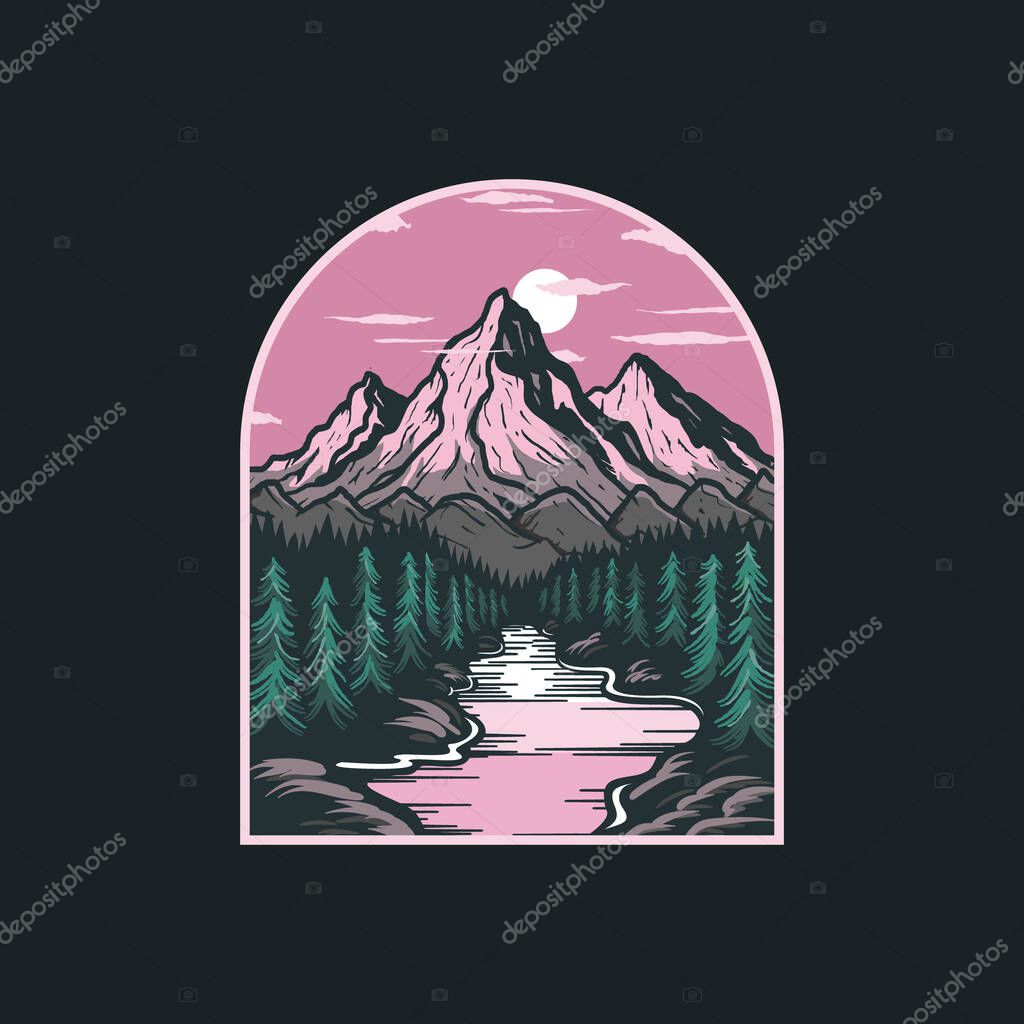 Mountain lake pine forest adventure badge logo vintage style