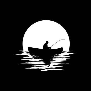 Ay logosu vintage vektör illüstrasyon ikon grafik tasarımı üzerinde balık tutan siluet adam. yaratıcı balıkçı logosu
