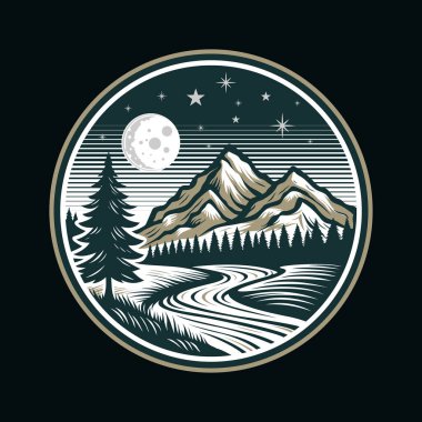Dağ Ormanı ve nehir gece logo tasarımı rozeti