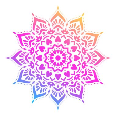 Beyaz degrade mandala yuvarlak arka plan izole. Vektör boho mandala yeşil ve pembe renklerde. Mandala çiçek desenleri ile. Yoga şablonu