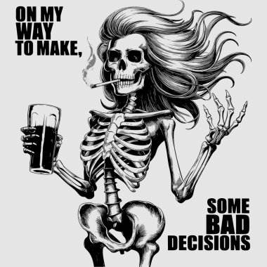 Bir sigara ve bir bardak bira tutan bir kafatası. vektör illüstrasyonu