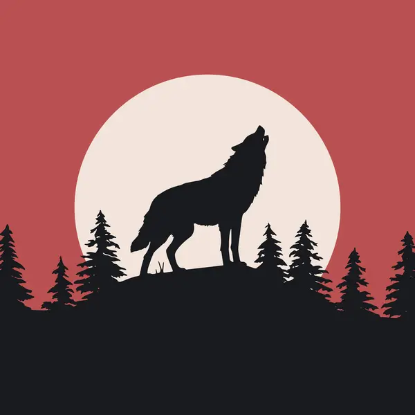 Dolunayda bir tepede duran bir kurdun silueti.