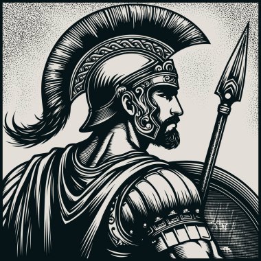 spartan warrior holding spear and shield.	