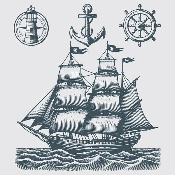 Klasik monokrom denizcilik ögeleri seti