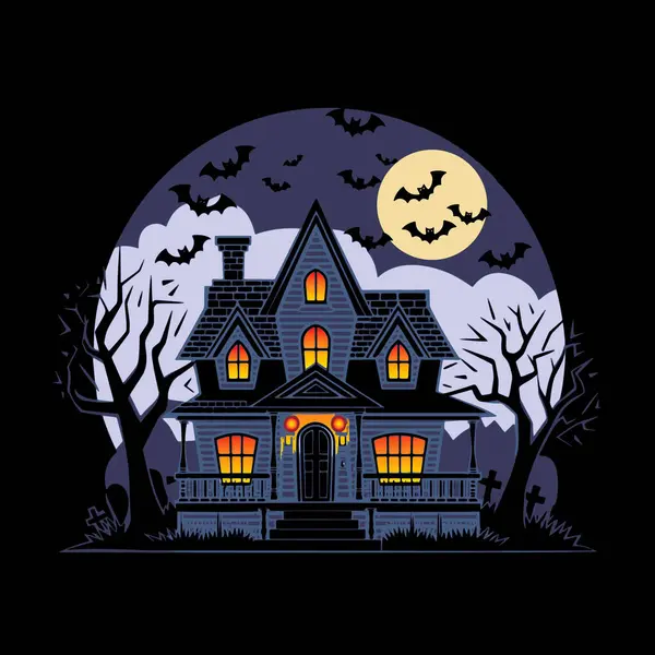 Cadılar Bayramı hayaletli evi, yarasalar ve dolunay.