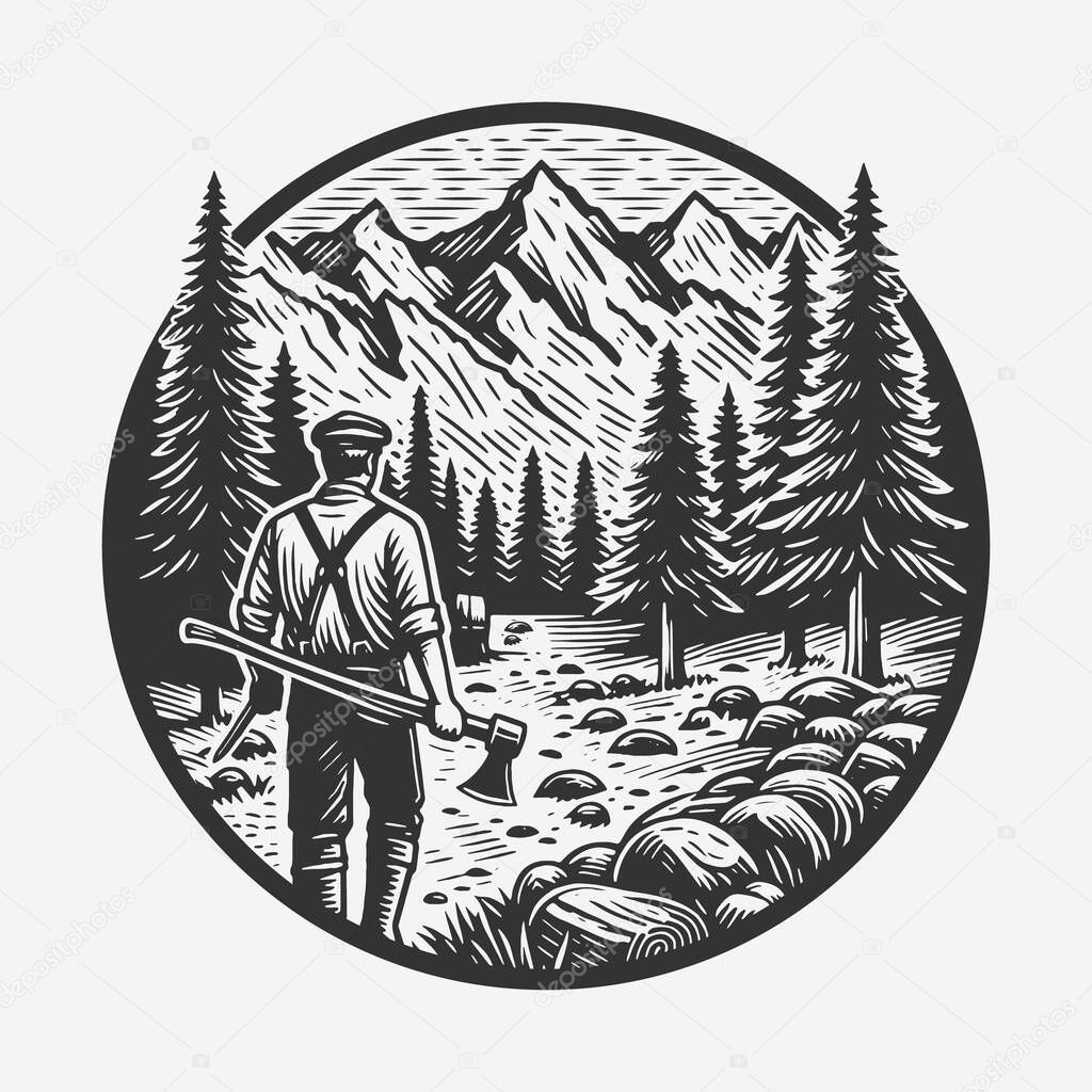 Lumberjack man hold the ax vintage badge logo