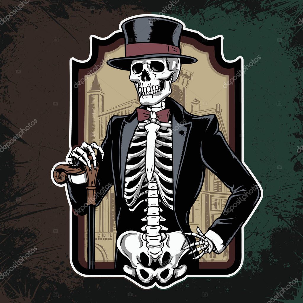 Gentleman skeleton wearing suit and top hat
