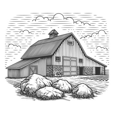 çiftlik evi tarımı el çizimi tarzı, ahır sembolü çizimi tasarımı