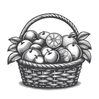 meyve sepeti içindeki meyveler oyma stili vektör çizimleri çizer