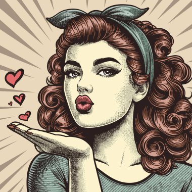 Retro Girl Blowing a Kiss. Klasik ahşap oyma stili vektör çizimi.