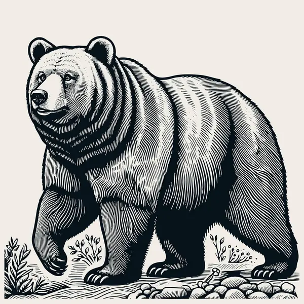 El yapımı ayı, asgari linocut tarzında. Siyah ve beyaz grafik çizimi