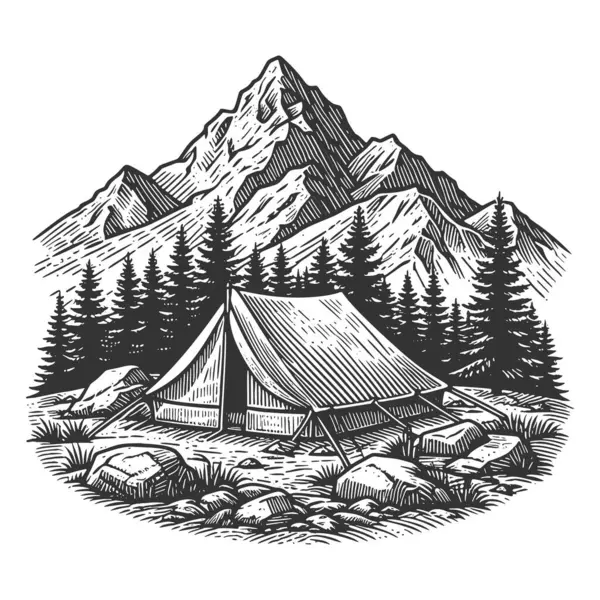 Doğada kamp, dağ ormanı manzarası, elle çizilmiş resimler..