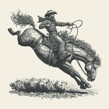 Bir kovboy rodeo vektör illüstrasyonunda vahşi bir ata biniyor.