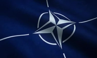 İlginç dokulara sahip Kuzey Atlantik Antlaşması Örgütünün Dalgalanan Bayraklarının Yakın Çekimi