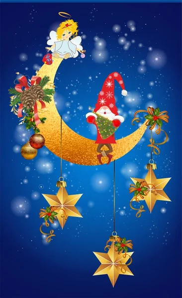 Christmas Composition Angel Sitting Moon Santa Claus Holding Christmas Tree — Stock Vector