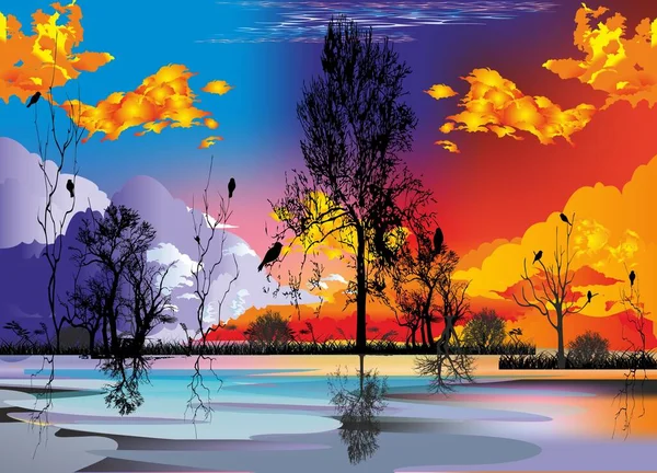 浪漫的构图在日落时展现湖面 — 图库矢量图片