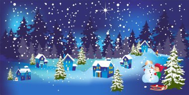 Evler, ağaçlar, çocuk ve kardan adam ile kış kompozisyonu