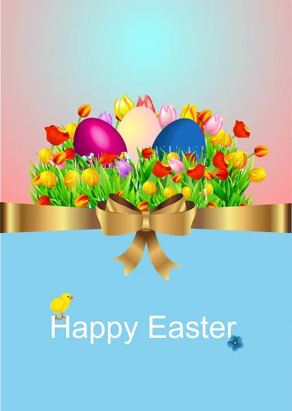 Velikonoční Kompozice Nápisy Velikonočními Vejci Barevnými Květy — Stockový vektor