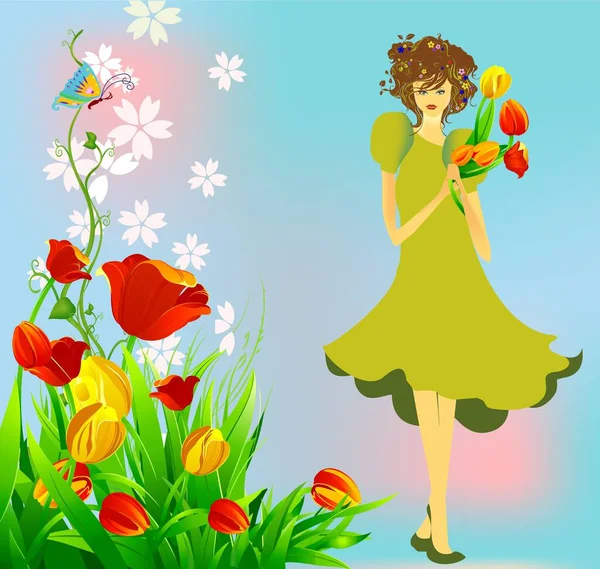 Composición Con Chica Primavera Tulipanes Mariposa — Vector de stock