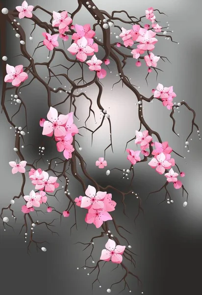 Ανοιξιάτικη Σύνθεση Δέντρο Ροζ Λουλούδια Και Σταγόνες Νερού — Διανυσματικό Αρχείο