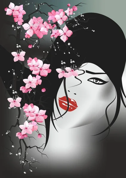 具有女性面孔 树林和花朵的春季作曲 — 图库矢量图片