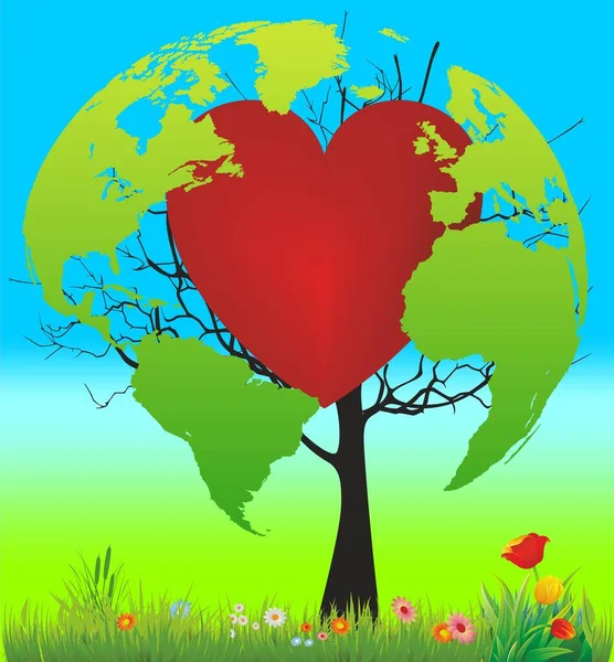 Kompozycja Dzień Ziemi Drzewem Którym Znajdują Się Kontynenty Czerwone Serce — Wektor stockowy
