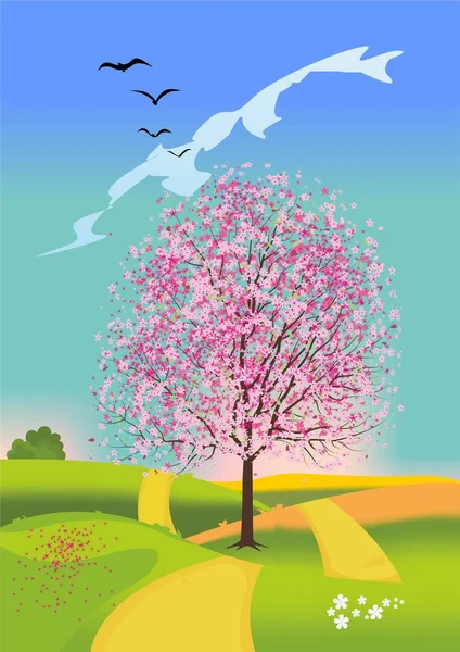Весенний Пейзаж Одиноким Деревом Среди Полей — стоковый вектор