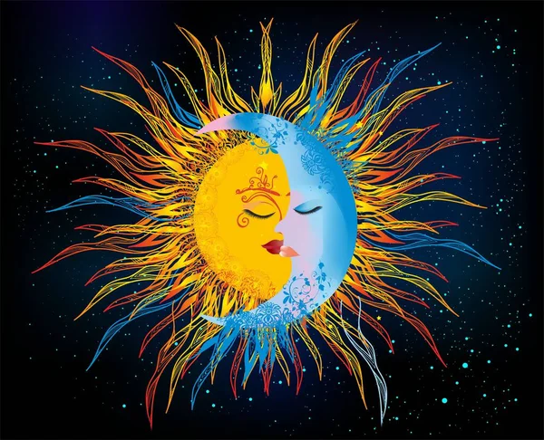 Композиция Солнцем Луной Любви Против Ночного Неба — стоковый вектор