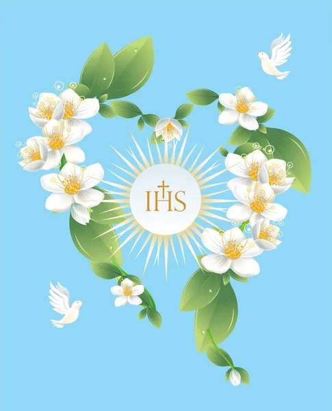 Composition Flowers Holy Communion Symbols — Stock Vector