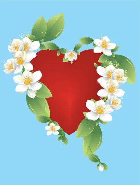 Σύνθεση Κόκκινη Καρδιά Που Περιβάλλεται Από Λουλούδια — Διανυσματικό Αρχείο