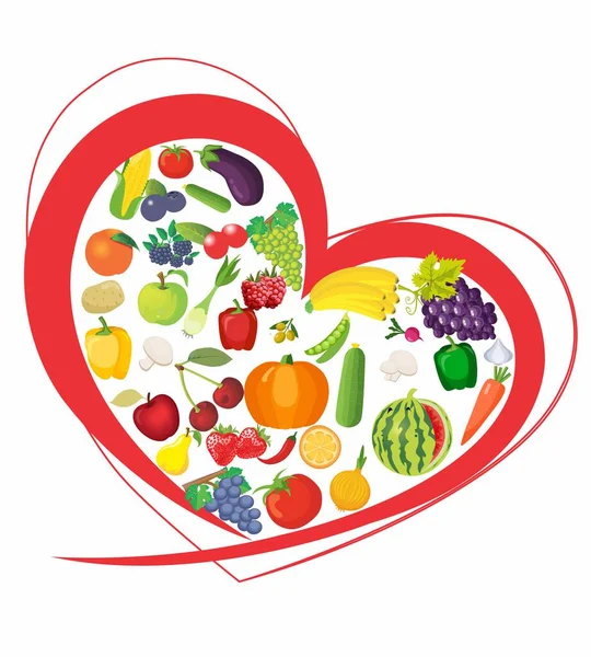 Σύνθεση Καρδιά Μέσα Στην Οποία Υπάρχουν Φρούτα Και Λαχανικά — Διανυσματικό Αρχείο