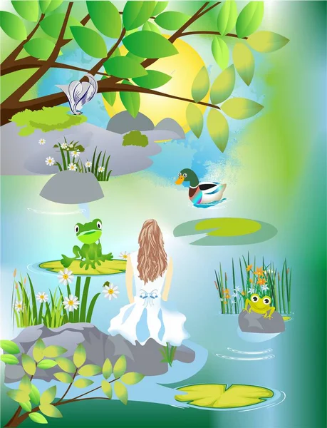 池のそばに座っている少女を描いた作品です — ストックベクタ