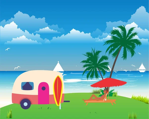 Composition Camper Woman Sunbathing Sea Background — Stock Vector