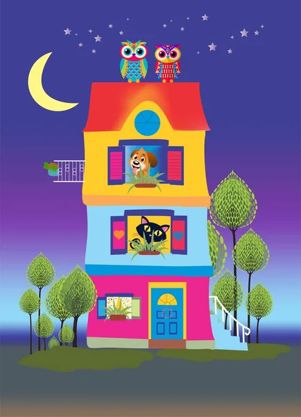 Композиция Красочным Домом Собакой Кошкой Смотрящей Окон Сов Сидящих Крыше — стоковый вектор