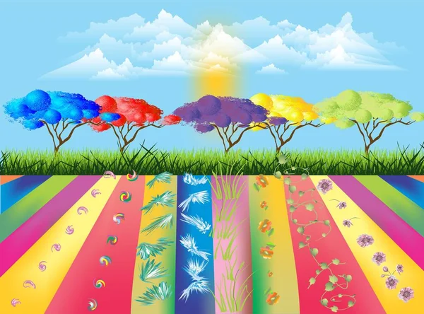 Composição Colorida Com Árvores Coloridas Campos Coloridos — Fotografia de Stock