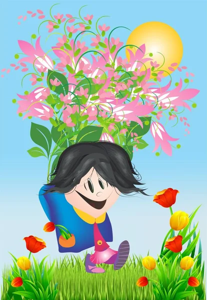 Mother Day Composition Girl Carrying Bouquet Flowers Her Schoolbag — Stock Vector