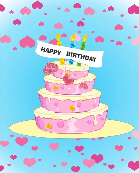 Composition Birthday Cake Inscription Hearts — Stock Vector