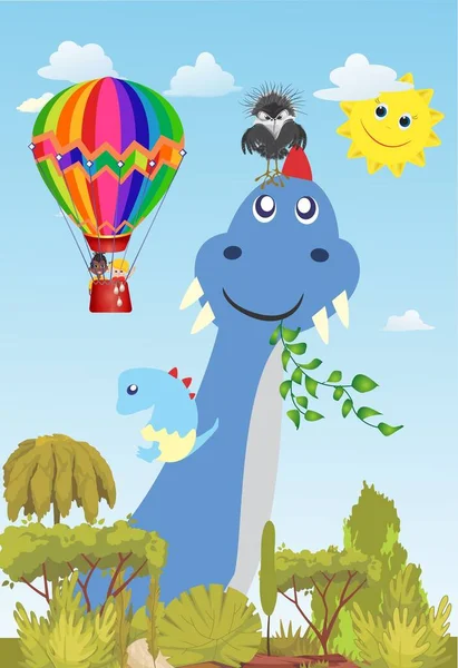 青い恐竜と熱気球に乗って飛んでいる子供たちと — ストックベクタ