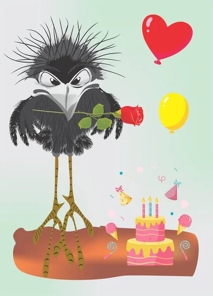 Composition Bird Holding Rose Birthday Cake Next — Stock Vector