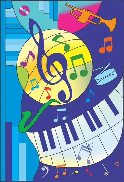 Композиция Голубой Гитарой Трубой Музыкальной Нотой — стоковый вектор