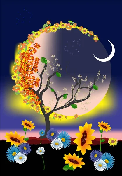 Composition Moon Tree Colorful Flowers — Stock Vector
