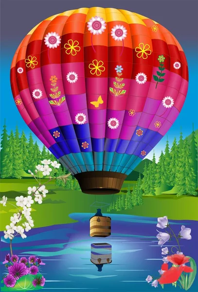 Σύνθεση Ένα Πολύχρωμο Μπαλόνι Που Πετά Πάνω Από Λίμνη — Διανυσματικό Αρχείο