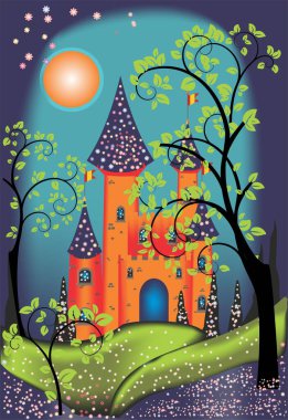  Ağaçların arasında gizemli bir şatonun kompozisyonu